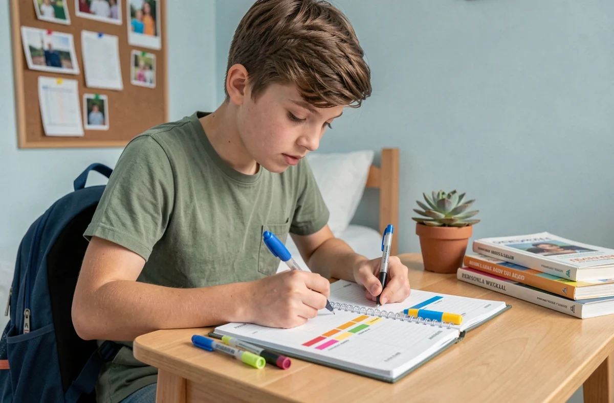 Adolescent organisant son planning scolaire et familial avec des surligneurs colorés dans un agenda personnel sur un bureau en bois