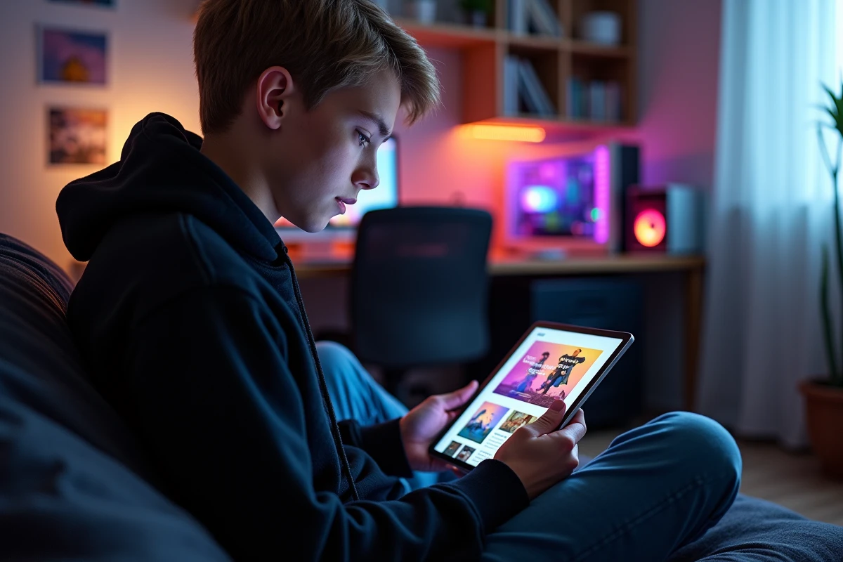 Adolescent consultant un site de conseils informatiques sur une tablette dans sa chambre avec un setup gaming en arrière-plan