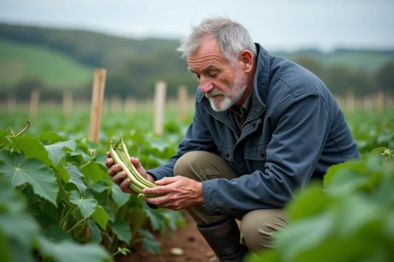 Agriculteur breton récoltant des haricots coco de Paimpol dans un champ de Bretagne