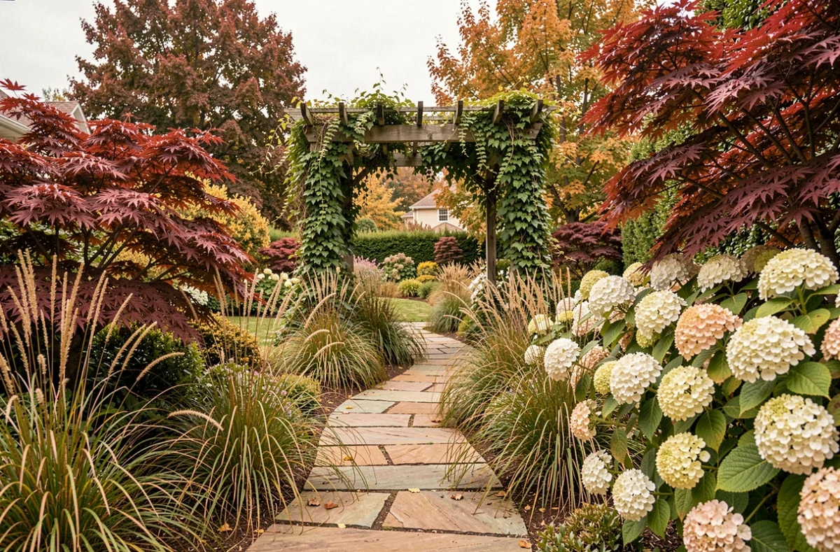 Allée de jardin en pierres naturelles bordée d'érables japonais rouges, d'herbes ornementales et d'hortensias en automne