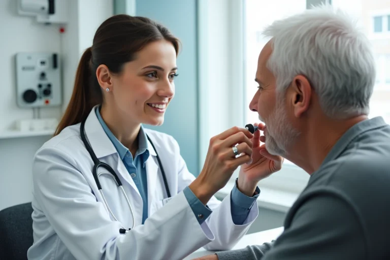 Audiologiste féminine aidant un patient senior à ajuster son appareil auditif dans une clinique moderne, comparatif Audika Amplifon