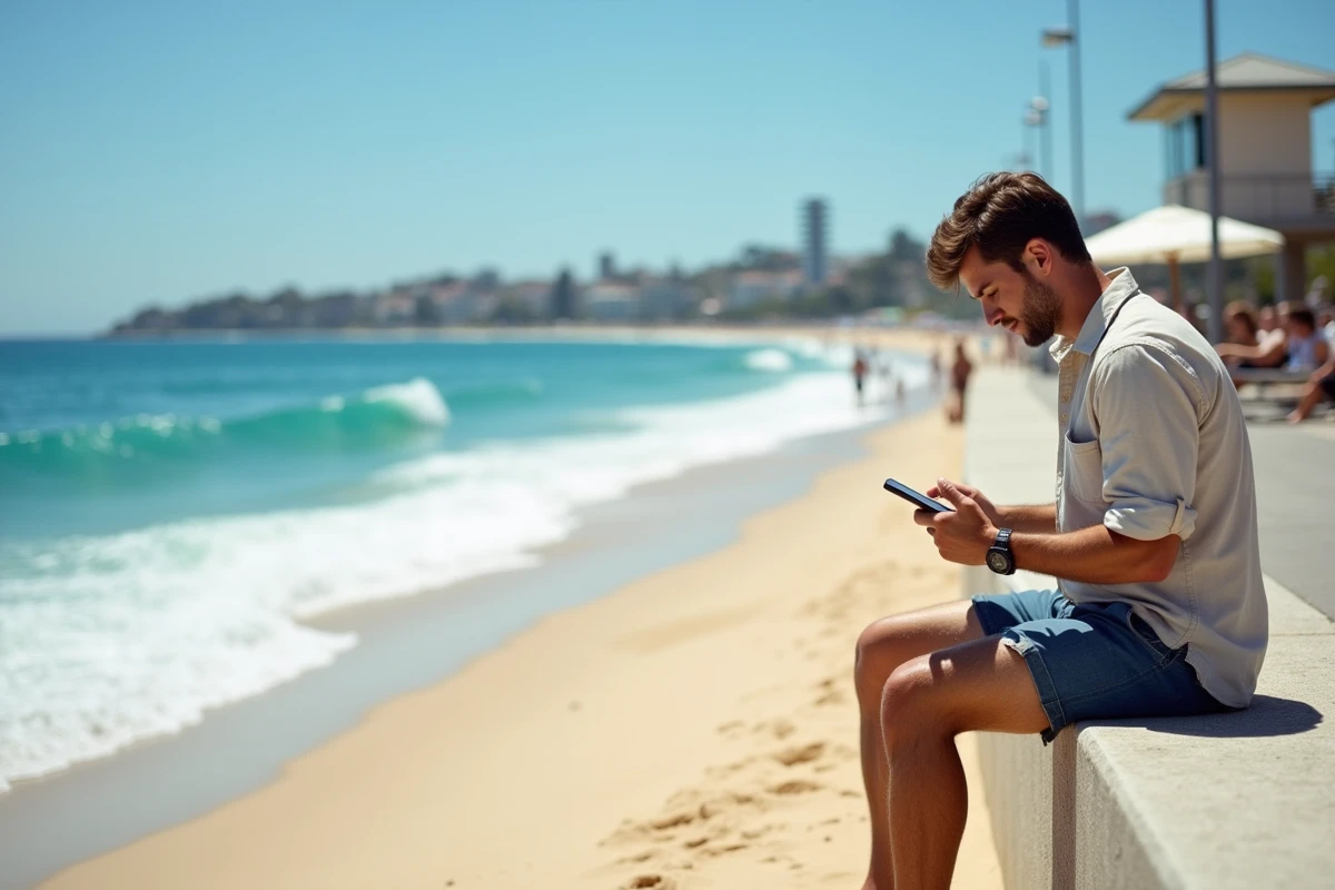 Plage de Bondi Beach à Sydney en Australie avec un jeune homme décontracté assis sur un muret face à l'océan