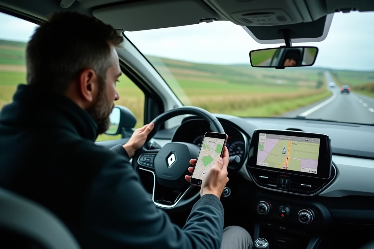 Conducteur planifiant son trajet en Renault Twingo 3 essence sur une route de campagne française