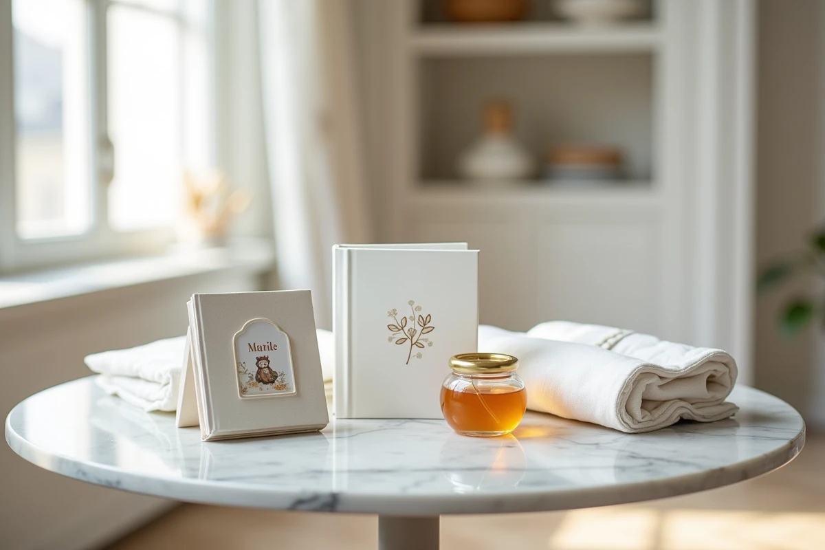 Ensemble de cadeaux de baptême élégants disposés sur une table en marbre dans un appartement parisien contemporain : plaque prénom en porcelaine, livre illustré, pot de miel et lange brodé