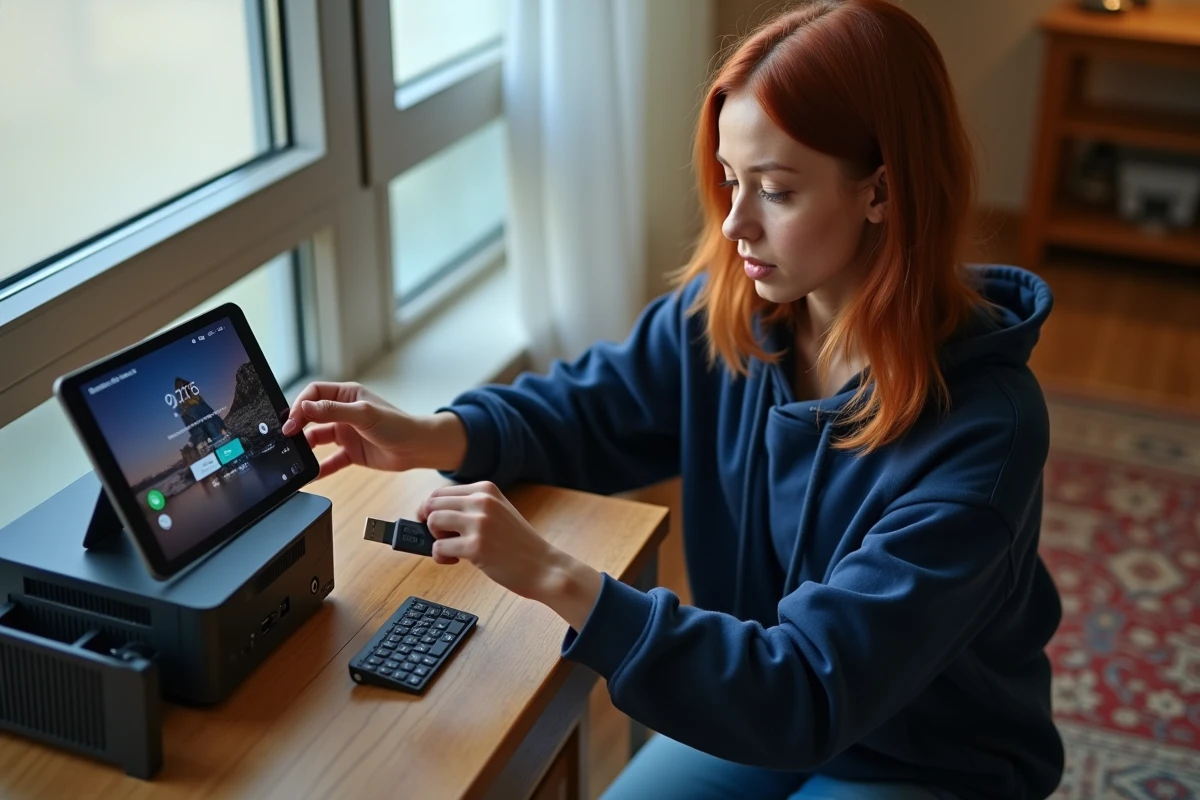 Femme préparant une clé USB bootable pour installer Android TV sur un mini PC