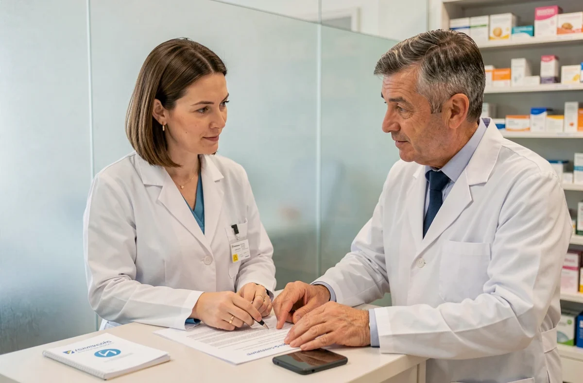Deux professionnels de la pharmacie collaborant sur des documents et un smartphone dans un espace de consultation d'officine moderne