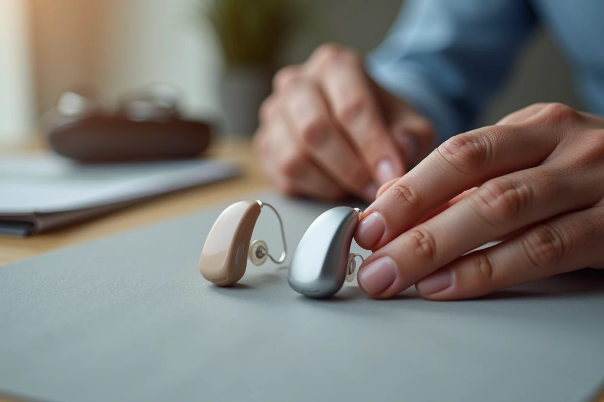Comparaison de deux appareils auditifs modernes tenus par un homme, représentant les choix entre différentes marques comme Audika et Amplifon