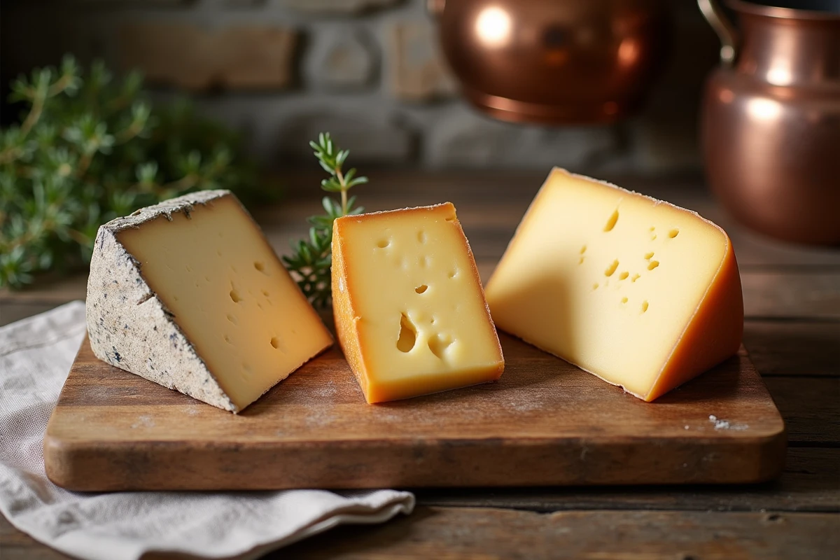 Trois fromages français côte à côte sur une planche en bois rustique : Cantal, Comté et Beaufort avec leurs textures distinctes