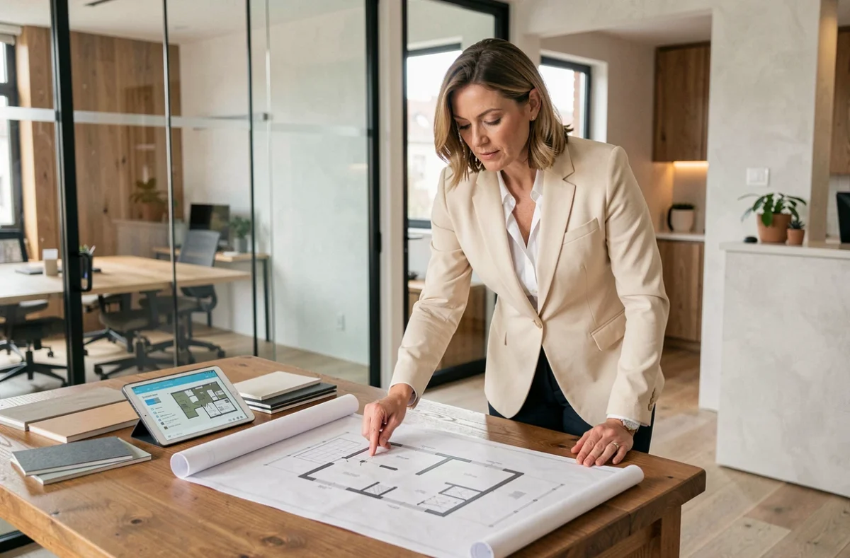 Professionnelle de l'immobilier analysant des plans architecturaux dans une agence moderne pour réussir un projet immobilier