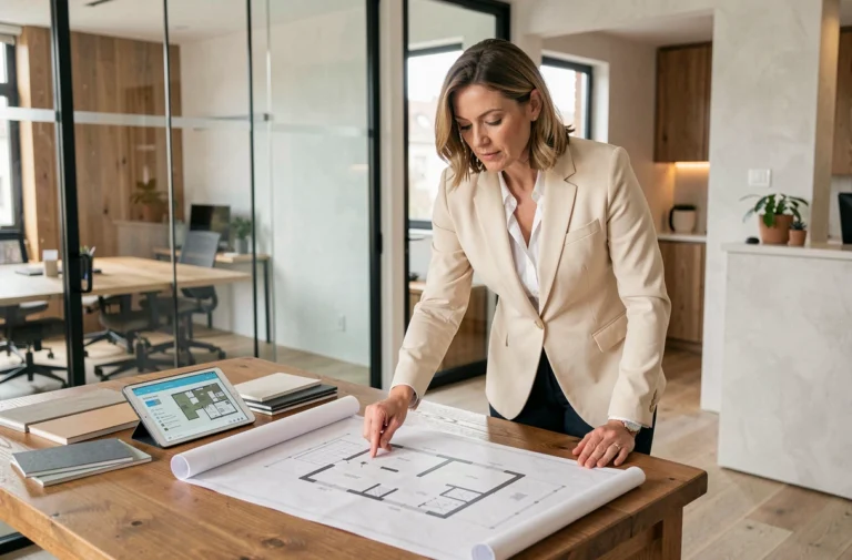 Professionnelle de l'immobilier analysant des plans architecturaux dans une agence moderne pour réussir un projet immobilier