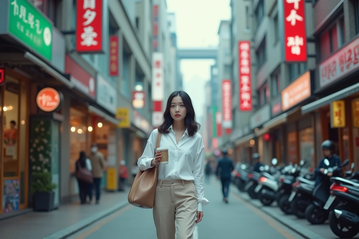 Rue commerçante animée de Séoul avec une jeune femme coréenne en tenue moderne portant un café à emporter