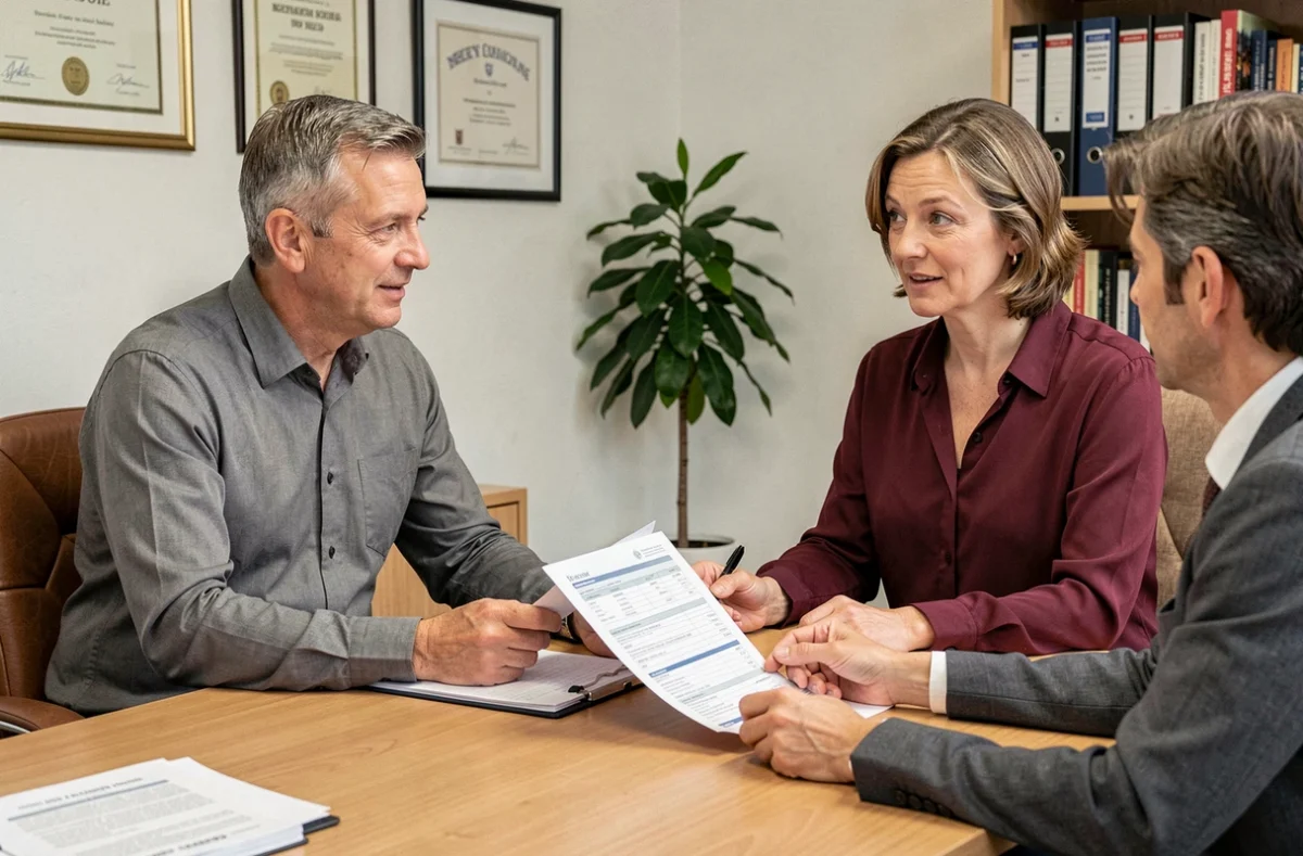Un couple belge discutant des tarifs d'une maison de retraite avec un conseiller administratif dans un bureau professionnel