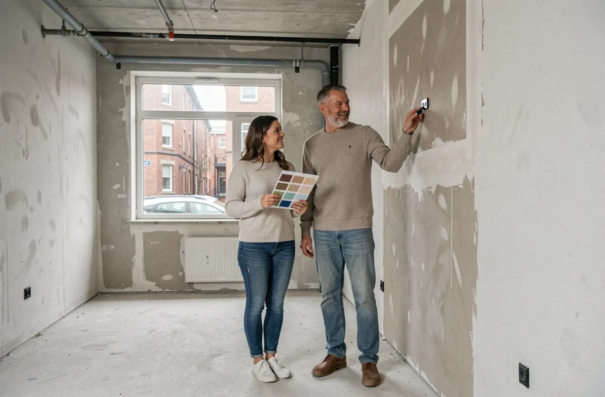 Couple en train de planifier la rénovation de leur appartement en examinant des échantillons de couleurs et les murs en travaux