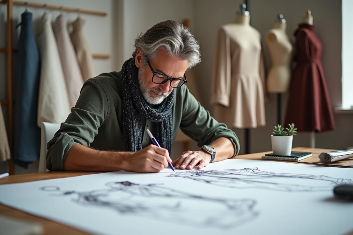 Designer de mode en studio dessinant un nouveau vêtement