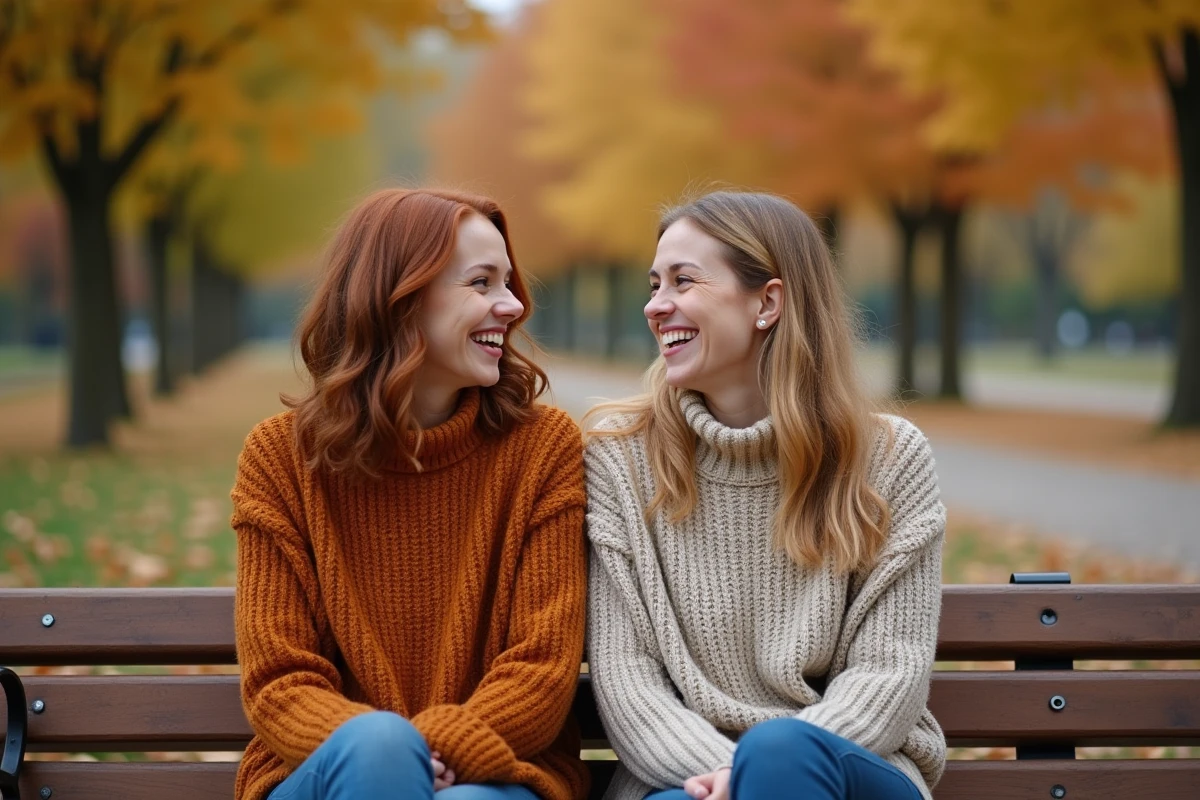 Deux femmes aux longueurs de cheveux différentes assises sur un banc en automne, comparaison visuelle des styles capillaires féminins