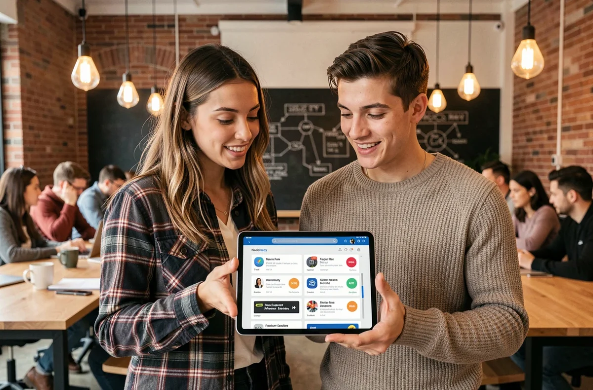 Deux jeunes professionnels découvrant ensemble les nouveautés et mises à jour d'une plateforme numérique sur une tablette