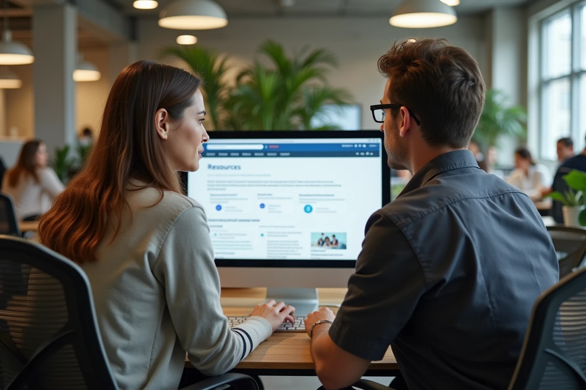 Deux professionnels explorant ensemble les ressources et la navigation du site Pharmidea