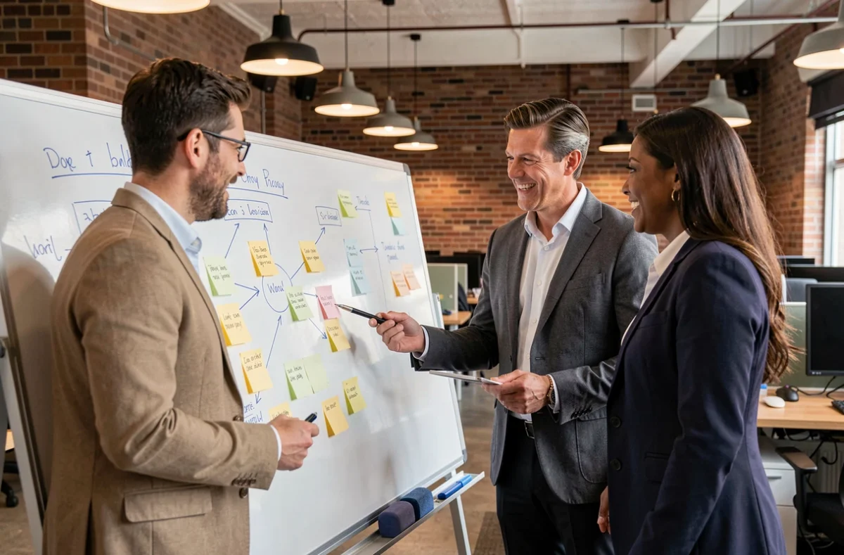 Équipe professionnelle collaborant autour d'un tableau blanc dans un espace de coworking pour développer une stratégie d'entreprise