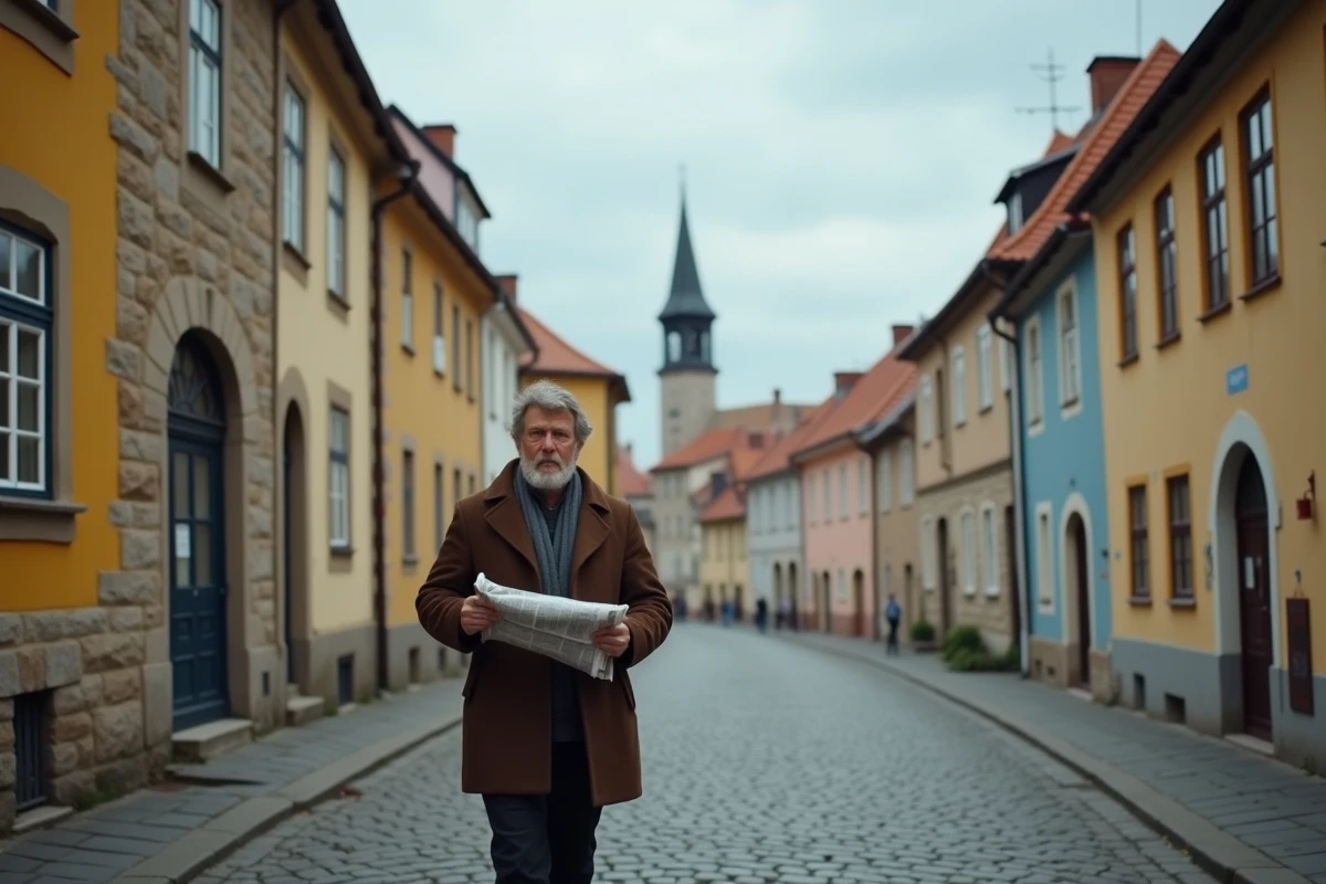 Ruelle pavée de la vieille ville de Tallinn en Estonie avec un homme en manteau de laine lisant un journal