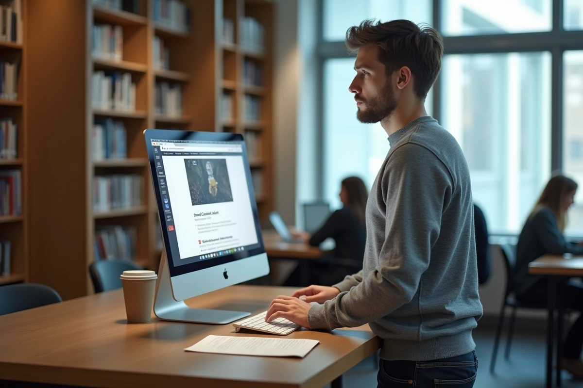 Étudiant consultant le portail CROUS à la bibliothèque universitaire pour télécharger son attestation de bourse