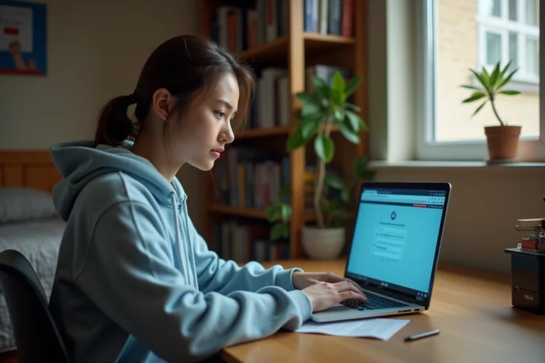 Étudiante obtenant son attestation de bourse CROUS en ligne sur son ordinateur portable dans sa chambre universitaire