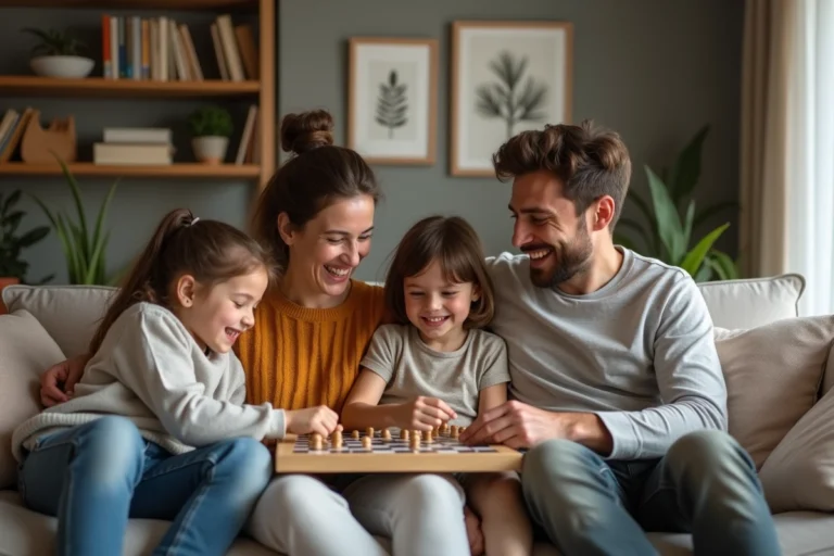 Famille souriante jouant à un jeu de société dans le salon