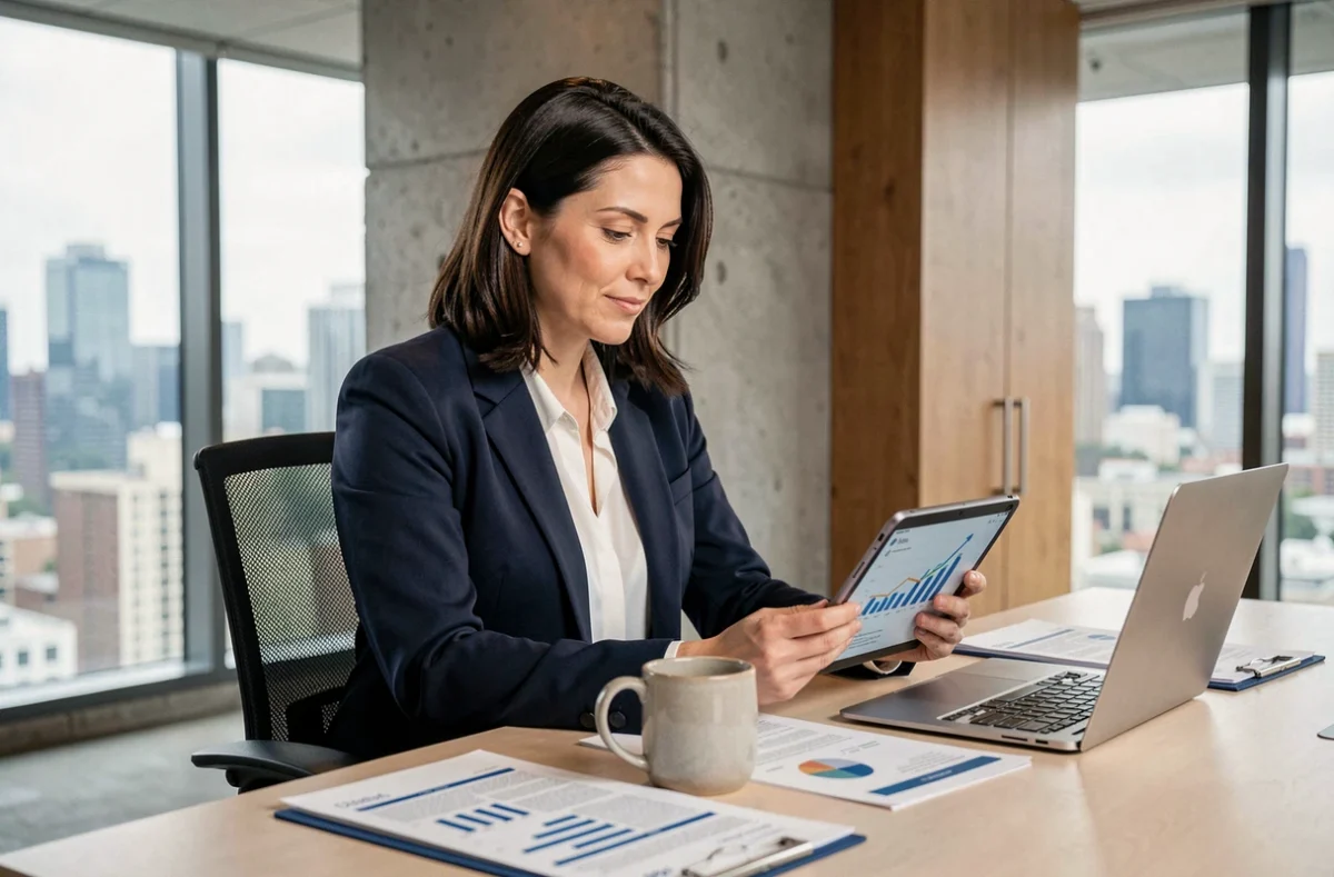 Femme d'affaires professionnelle analysant des données de croissance sur une tablette dans un bureau moderne en 2024