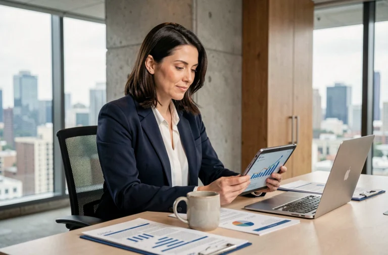 Femme d'affaires professionnelle analysant des données de croissance sur une tablette dans un bureau moderne en 2024