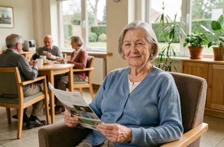 Une femme âgée souriante dans une maison de retraite belge moderne, tenant une brochure sur les tarifs des établissements pour seniors