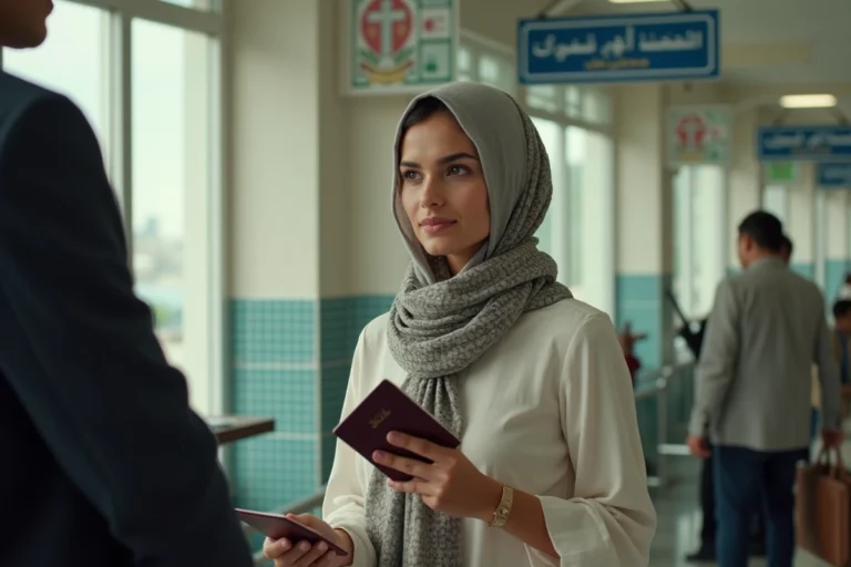 Jeune femme au contrôle frontière marocain avec passeport