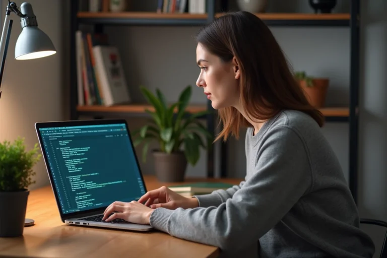 Femme utilisant un ordinateur portable dans un bureau à domicile moderne, consultant des ressources informatiques en ligne
