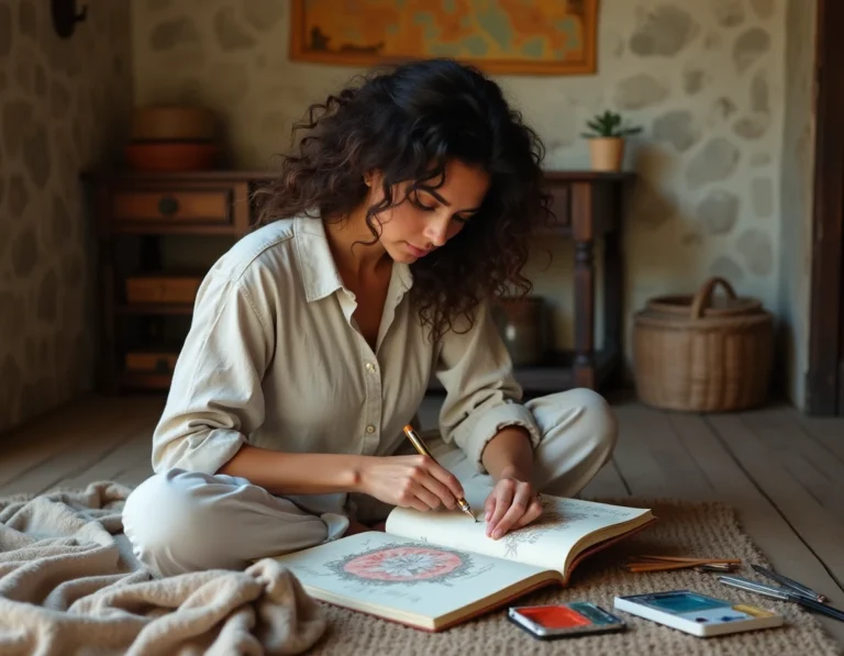Femme dessinant des illustrations dans un carnet de voyage aquarelle dans une chambre rustique en pierre