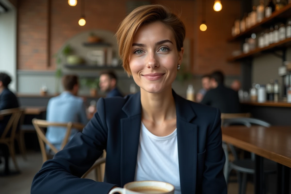 Femme aux cheveux courts coupe pixie dans un café parisien, explorant les perceptions sur la longueur des cheveux féminins