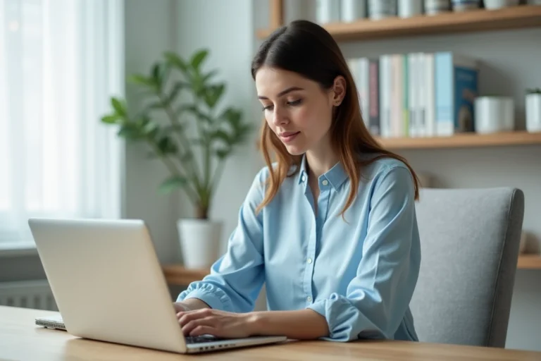 Femme consultant le site Pharmidea sur un ordinateur portable dans un bureau moderne