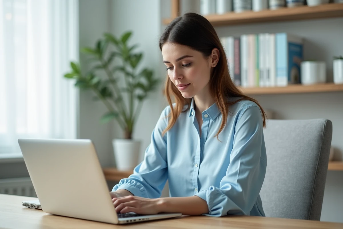 Femme consultant le site Pharmidea sur un ordinateur portable dans un bureau moderne
