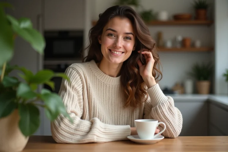 Femme souriante dans une cuisine chaleureuse et végétale