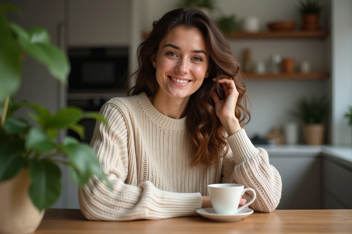 Femme souriante dans une cuisine chaleureuse et végétale