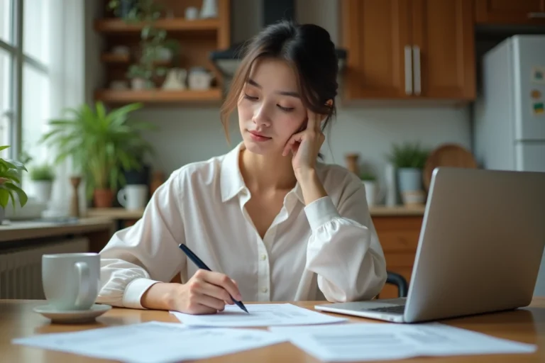 Jeune femme à la maison examinant des documents financiers