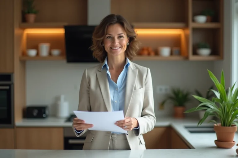 Femme d age moyen dans une cuisine moderne avec documents immobiliers