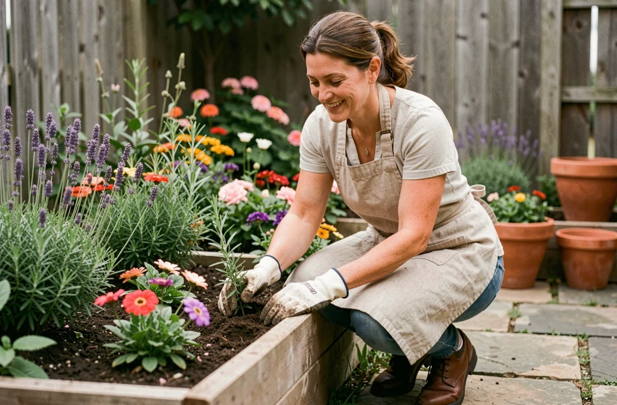 Femme jardinière en tablier de lin plantant des fleurs colorées dans un potager surélevé en bois entouré de plantes aromatiques