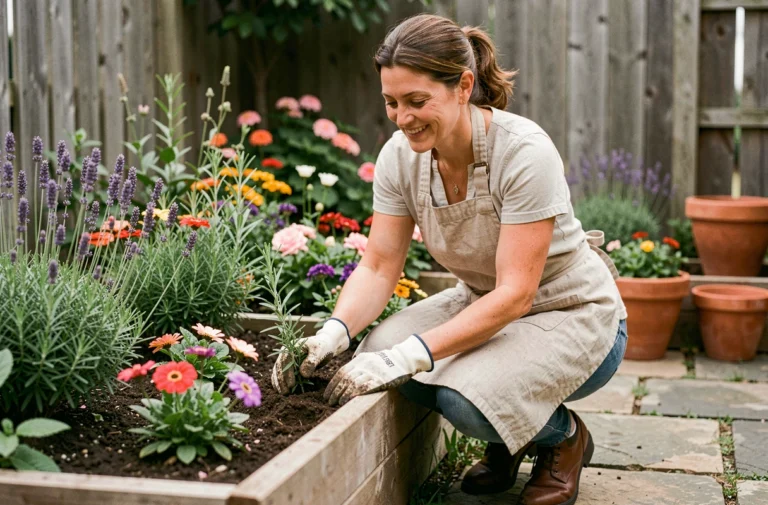 Femme jardinière en tablier de lin plantant des fleurs colorées dans un potager surélevé en bois entouré de plantes aromatiques