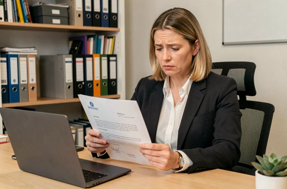 Femme en bureau à domicile lisant une lettre de résiliation d'assurance auto pour défaut de paiement
