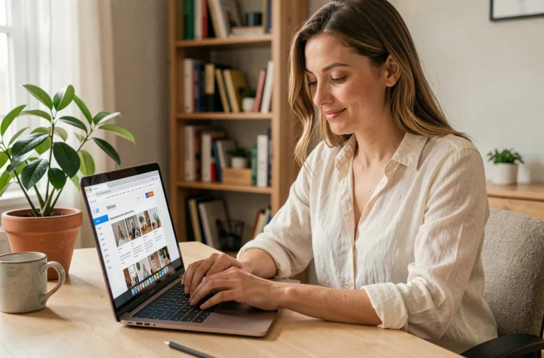 Femme naviguant facilement sur un blog bien organisé depuis son bureau à domicile