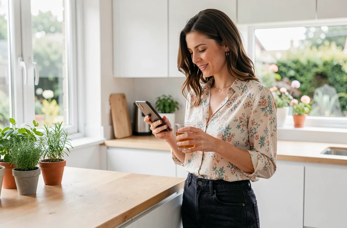Femme consultant le plan de navigation d'un blog sur son smartphone dans une cuisine moderne