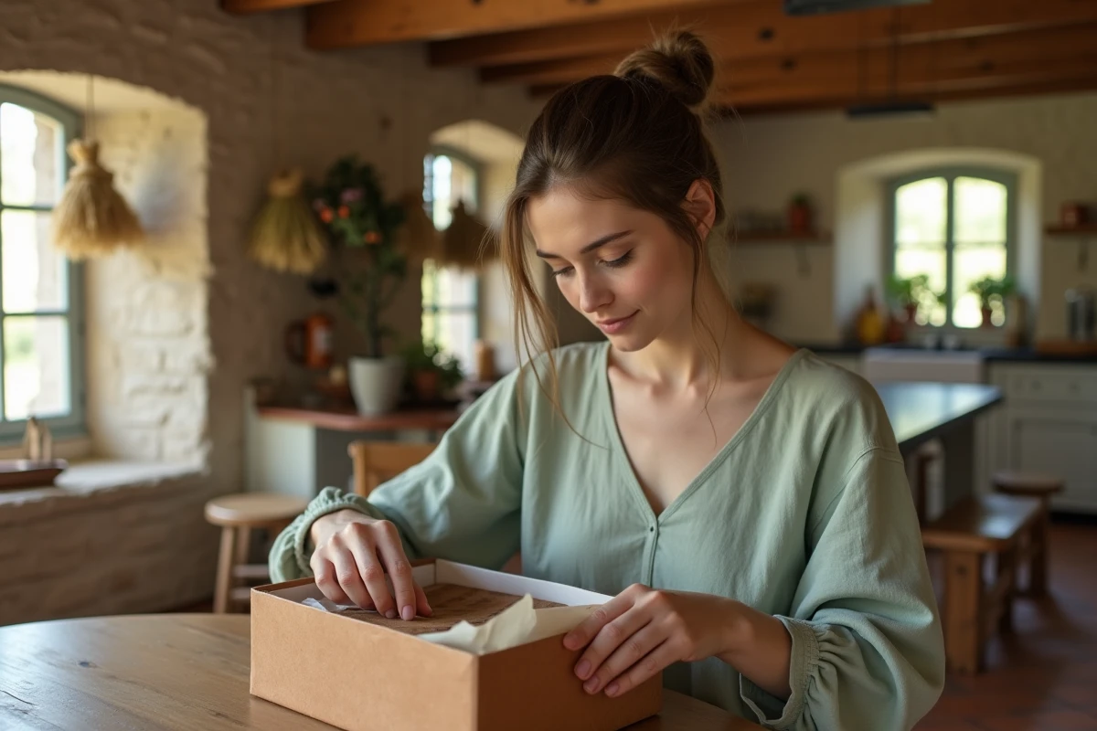 Femme préparant un livre de souvenirs personnalisé en cuir comme cadeau de baptême original dans une cuisine de style maison de campagne française