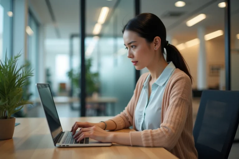 Femme en tenue décontractée travaillant sur un ordinateur dans un bureau moderne