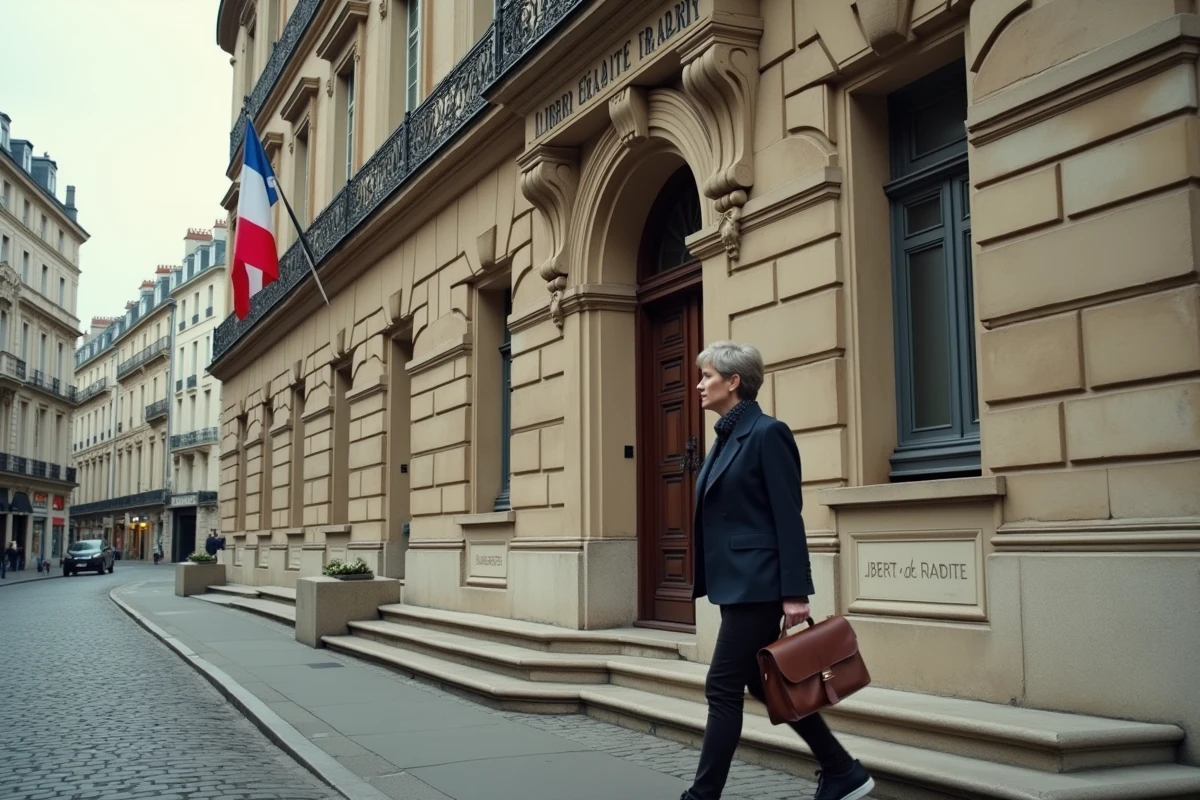 Façade d'un bâtiment officiel français avec l'inscription Liberté Égalité Fraternité et le drapeau tricolore