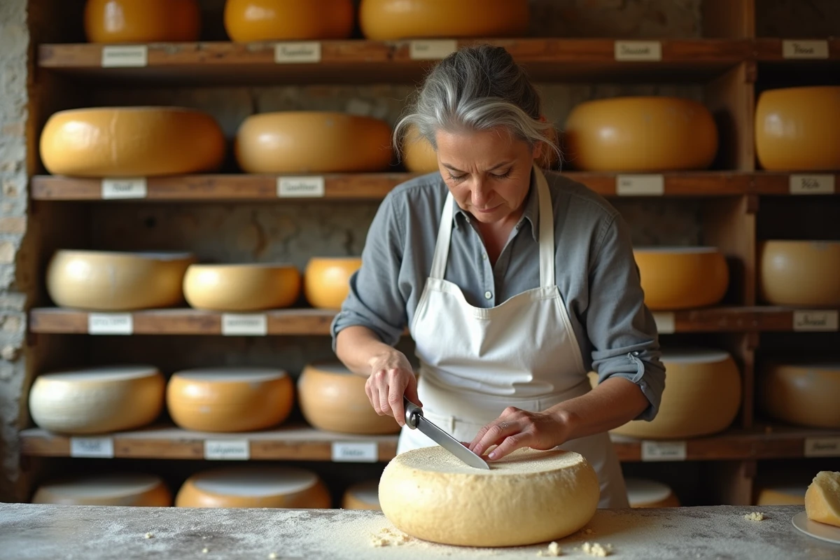 Fromagère en tablier blanc découpant un Beaufort dans une fromagerie avec des meules de Cantal et Comté en arrière-plan