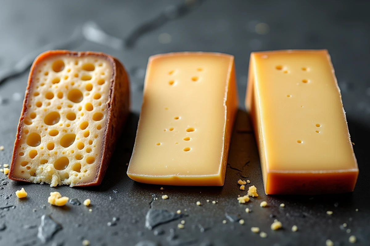 Gros plan comparatif des textures et croûtes du Cantal, Comté et Beaufort sur une ardoise grise