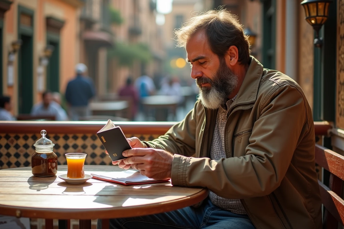 Homme détendu dans un café marocain avec documents de voyage
